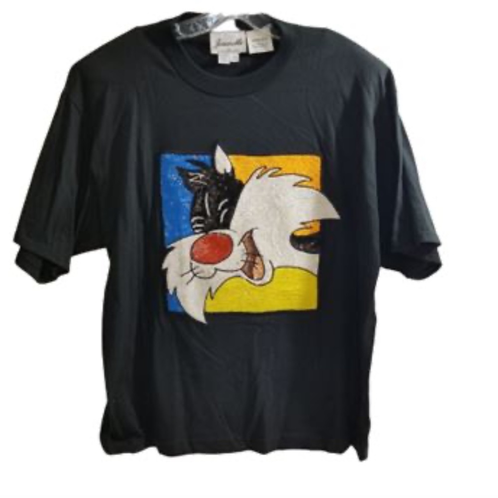 Jeanette Womens Black T- Shirt with Hand Sewn Sylvester